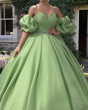 Load image into Gallery viewer, Ruched Sweetheart Puffy Sleeve Satin Ball Gown