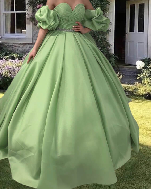 Ruched Sweetheart Puffy Sleeve Satin Ball Gown Ruched Sweetheart Puffy Sleeve Satin Ball Gown