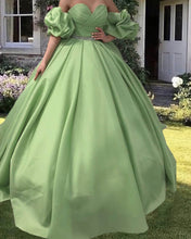 Load image into Gallery viewer, Ruched Sweetheart Puffy Sleeve Satin Ball Gown