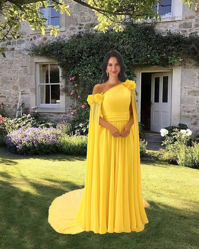 Yellow Chiffon Dress With Cape Sleeve Yellow Chiffon Dress With Cape Sleeve