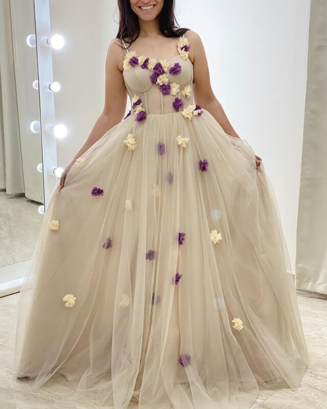 Nude Tulle Corset Dress with 3D Flowers