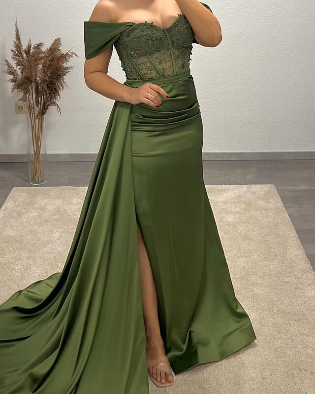 Mermaid Olive Green Satin Applique Gown Mermaid Olive Green Satin Applique Gown