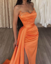 Load image into Gallery viewer, Mermaid Beaded V-neck Orange Satin Slit Prom Dress
