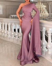 Load image into Gallery viewer, Mermaid Mauve One Sleeve Satin Dress