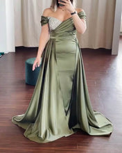 Load image into Gallery viewer, Mermaid Beaded V-neck Off Shoulder Slit Satin Dress