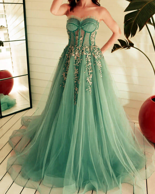 strapless open back dress Tulle Sage Green Prom Dress Formal Ball Gown main image 0