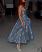 Load image into Gallery viewer, Silver Blue Sparkly Midi Corset Dress
