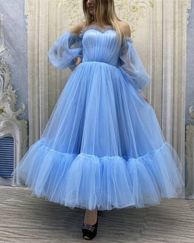 princess polly baby blue dress Tulle Ball Gown Prom Dress Tea Length Sweetheart Long Sleeve – alinanova