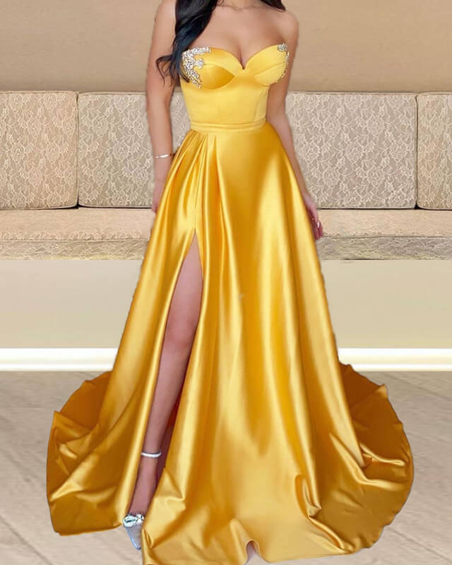Bright Gold Satin Sweetheart Corset Slit Dress Bright Gold Satin Sweetheart Corset Slit Dress