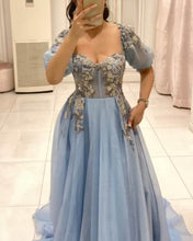 Load image into Gallery viewer, Light Blue Corset Tulle Cottagecore Dress With Embroidery