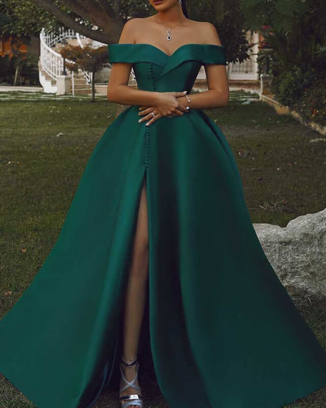 Dark Green Off The Shoulder Slit Satin Dress alinanova Dark Green Off The Shoulder Slit Satin Dress alinanova