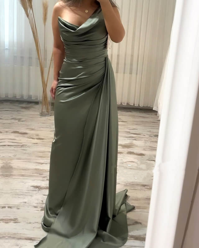 silver sage satin dress Custom Silver Rhinestone One Shoulder Sage Satin Wedding Dress