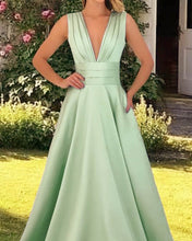 Load image into Gallery viewer, Long Plunging Neck Satin Dress With Pockets
