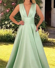 Load image into Gallery viewer, Long Plunging Neck Satin Dress With Pockets
