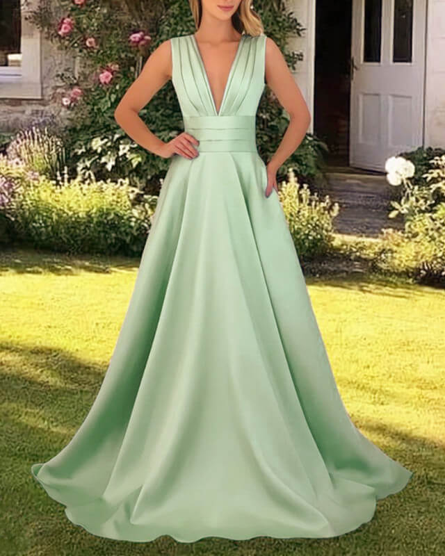 Long Plunging Neck Satin Dress With Pockets – alinanova