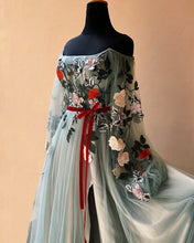 Load image into Gallery viewer, Tulle Off The Shoulder 3D Lace Dress With Split