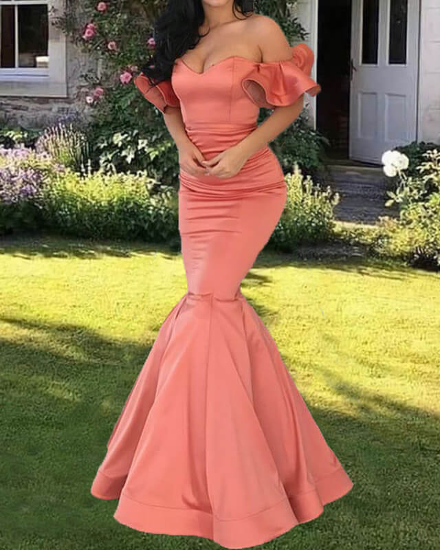 Ruffle Sleeves Sweetheart Corset Satin Mermaid Prom Dresses Ruffle Sleeves Sweetheart Corset Satin Mermaid Prom Dresses