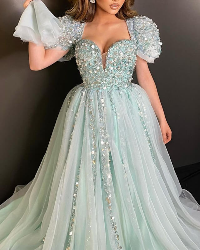 Blue Tulle Cap Sleeves Sequin Beaded Dress
