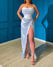 Load image into Gallery viewer, Mermaid Ruched Corset Split Satin Dress