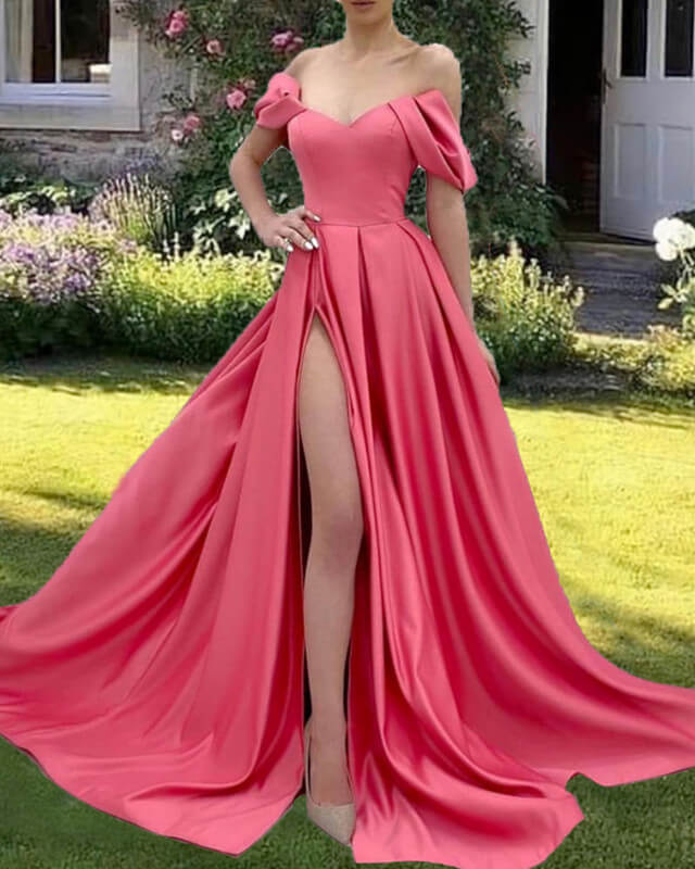 Long Candy Pink Satin Split Off Shoulder Dress alinanova Long Candy Pink Satin Split Off Shoulder Dress alinanova