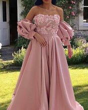Load image into Gallery viewer, Light Pink Satin Puffy Sleeves Formal Gown