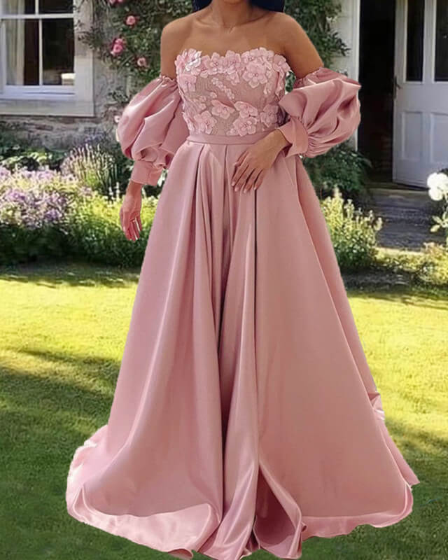 Light Pink Satin Puffy Sleeves Formal Gown Light Pink Satin Puffy Sleeves Formal Gown