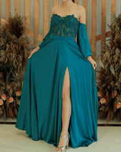 Load image into Gallery viewer, Green Chiffon Split Dress With Lace Corset