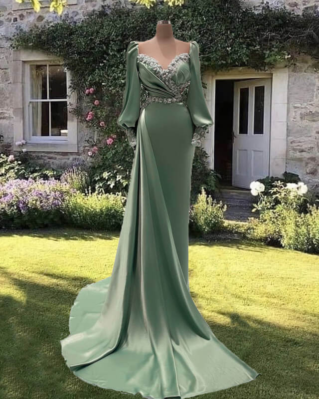 sage satin dress long sleeve Mermaid Long Sleeve Satin Formal Gown