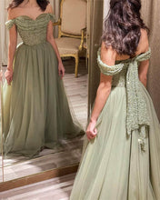 Load image into Gallery viewer, Sparkly Beaded Off The Shoulder Tulle Dress