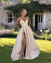 Load image into Gallery viewer, Sexy Split Prom Dress Long Satin V-neck Evening Gown With Straps