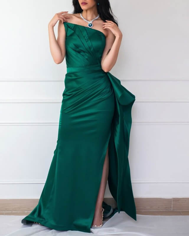 slim fit dress slacks Long Strapless Split Ruffles Satin Dress