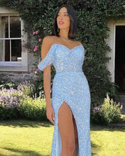 Load image into Gallery viewer, Mermaid Baby Blue Sparkly Split Dress