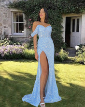 Load image into Gallery viewer, Mermaid Baby Blue Sparkly Split Dress