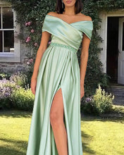 Load image into Gallery viewer, A-line Off Shoulder Satin Slit Dress