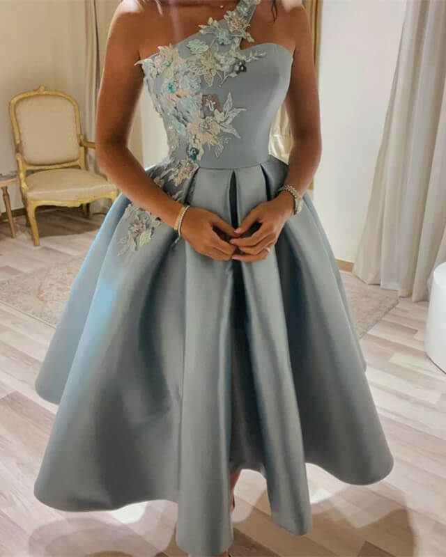 One Strap Ball Gown Midi Satin Dress Lace Embroidery One Strap Ball Gown Midi Satin Dress Lace Embroidery