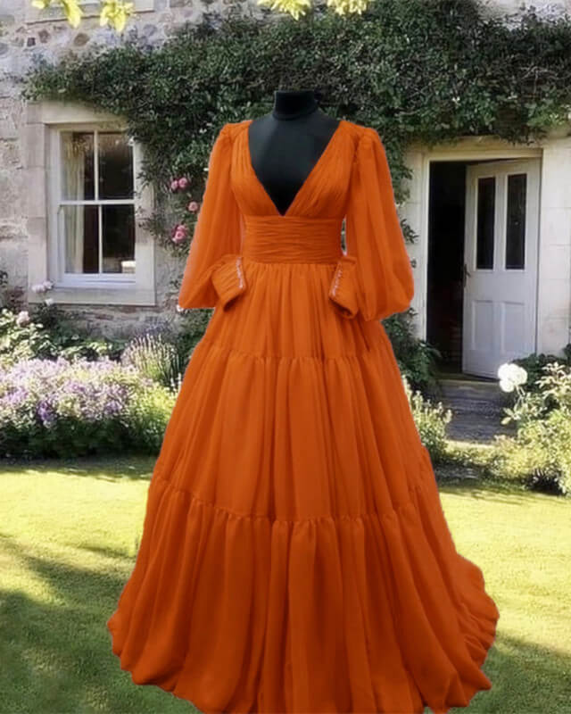 Burnt Orange Tulle V-Neck Ball Gown Dress Burnt Orange Tulle V-Neck Ball Gown Dress