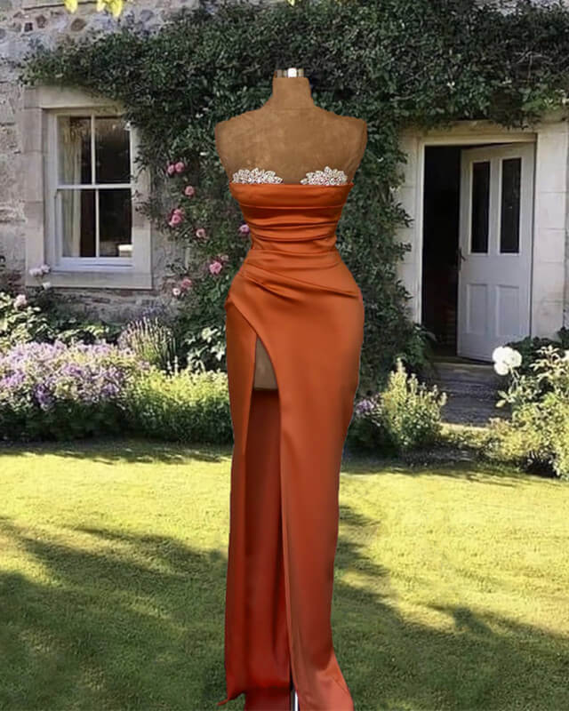 Mermaid Beaded Sweetheart Slit Satin Dress alinanova