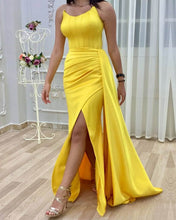 Load image into Gallery viewer, Mermaid Yellow Strapless Split Satin Gown
