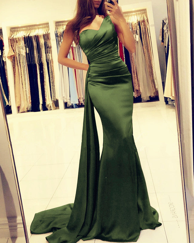 Olive Green Mermaid Prom Dresses One Shoulder Split Olive Green Mermaid Prom Dresses One Shoulder Split