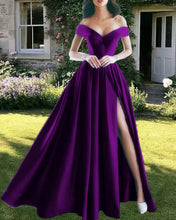 Load image into Gallery viewer, Charming V-neck Off The Shoulder Prom Dresses Long Satin Evening Gowns