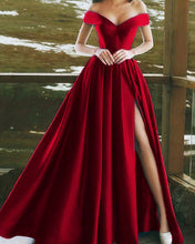 Load image into Gallery viewer, Charming V-neck Off The Shoulder Prom Dresses Long Satin Evening Gowns