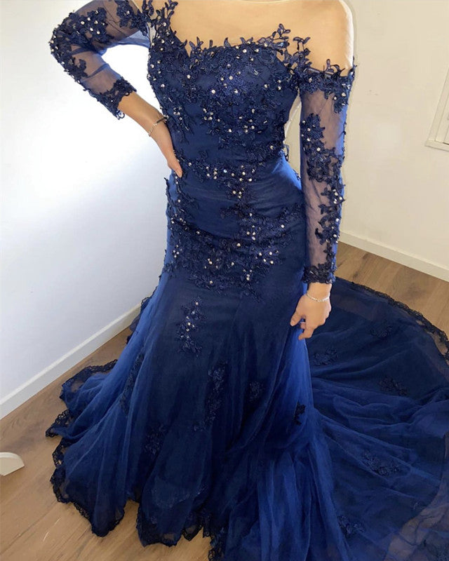 Tulle Backless Long Sleeves Mermaid Dresses Appliques Tulle Backless Long Sleeves Mermaid Dresses Appliques