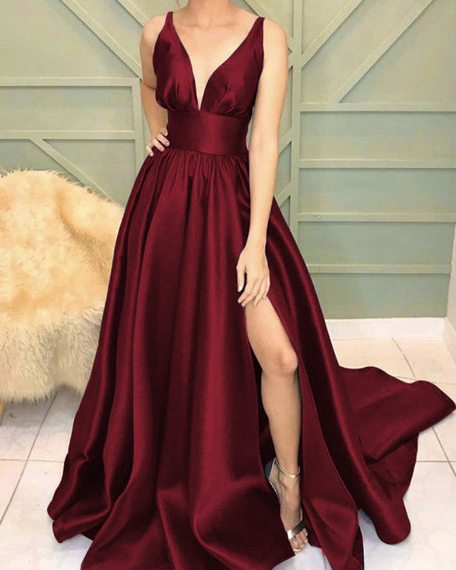 Long Satin Prom Dresses V Neck Split alinanova Long Satin Prom Dresses V Neck Split alinanova