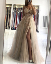 Load image into Gallery viewer, Tulle V Neck Split Dresses Embroidery Beaded-alinanova