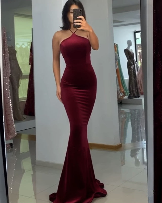 Burgundy Velvet Bridesmaid Dresses Mermaid Halter – alinanova