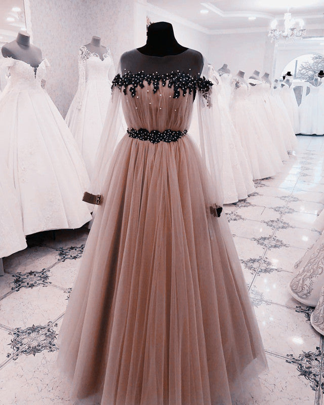 nude long sleeve prom dress Sheer Long Sleeves Tulle Dresses Appliques Beaded