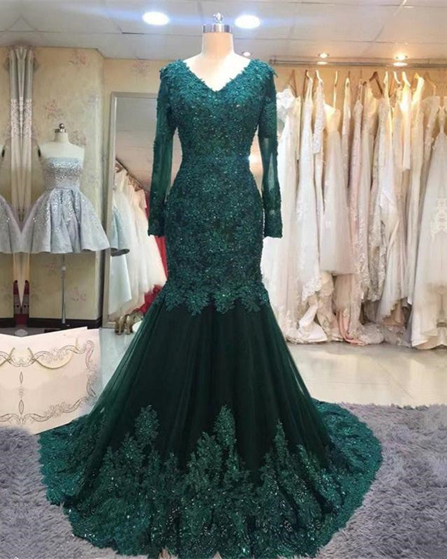 Long Sleeves Ruffle V-Neck Mermaid Prom Dress With Lace Appliques