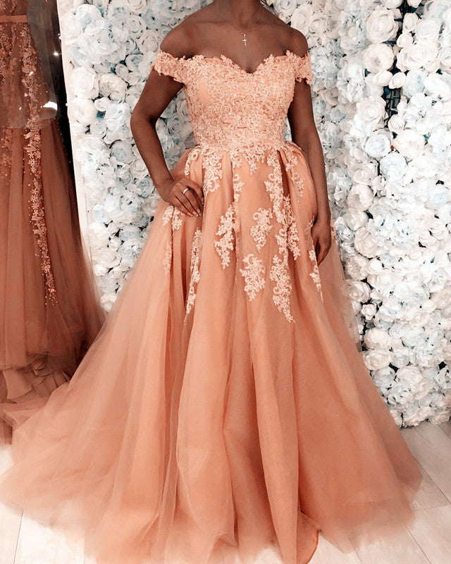Elegant Tulle Prom Dresses Off Shoulder Lace Appliques Elegant Tulle Prom Dresses Off Shoulder Lace Appliques