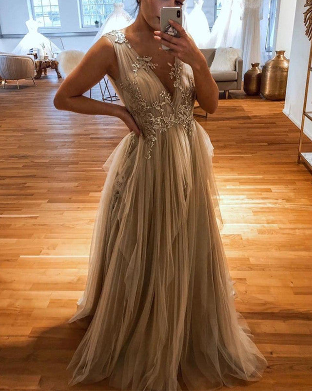 Ruffles Prom Dresses Lace Appliques Tulle Floor Length