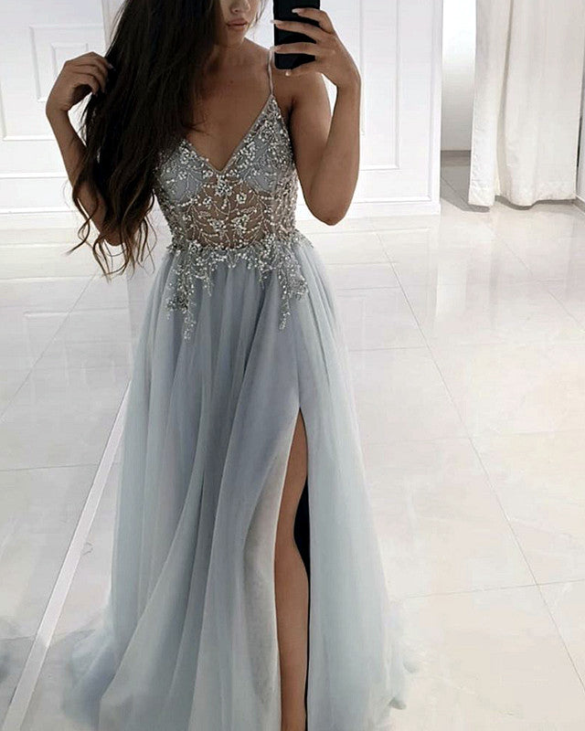 Tulle V Neck Prom Dresses Embroidery Beaded Side Split